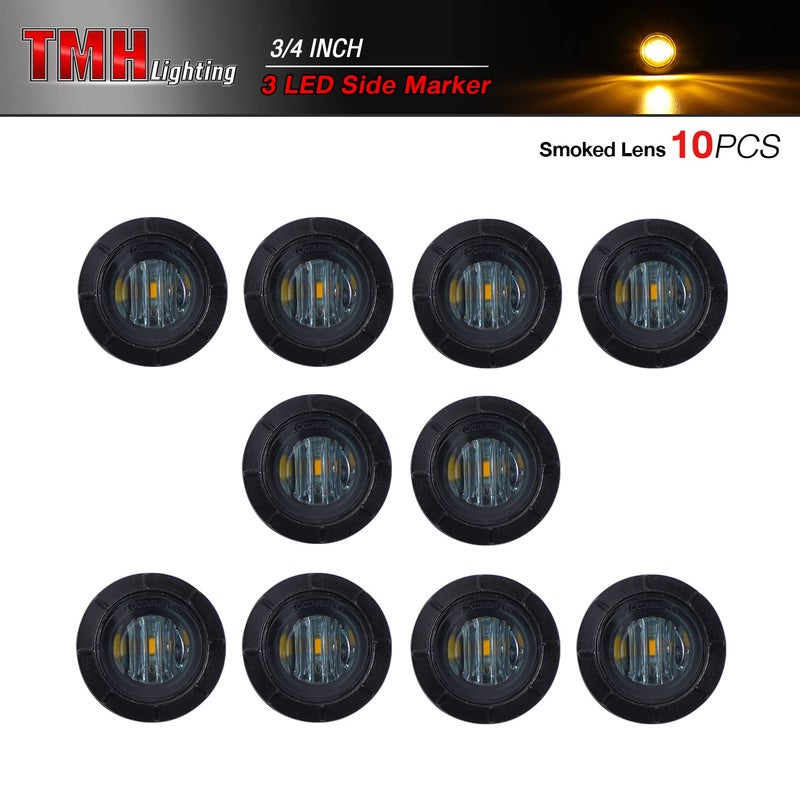 TMH 10 Pcs 3/4 Inch Smoked Lens Amber 3 LED Mini Round Miniature Side Marker Indicator Lights with Rubber suitable for Trailer Pickup Truck Car 12V DC Waterproof - Image 2